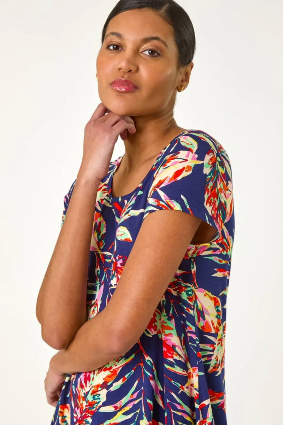 Tops>Roman Navy Leaf Print Hanky Hem Tunic Top