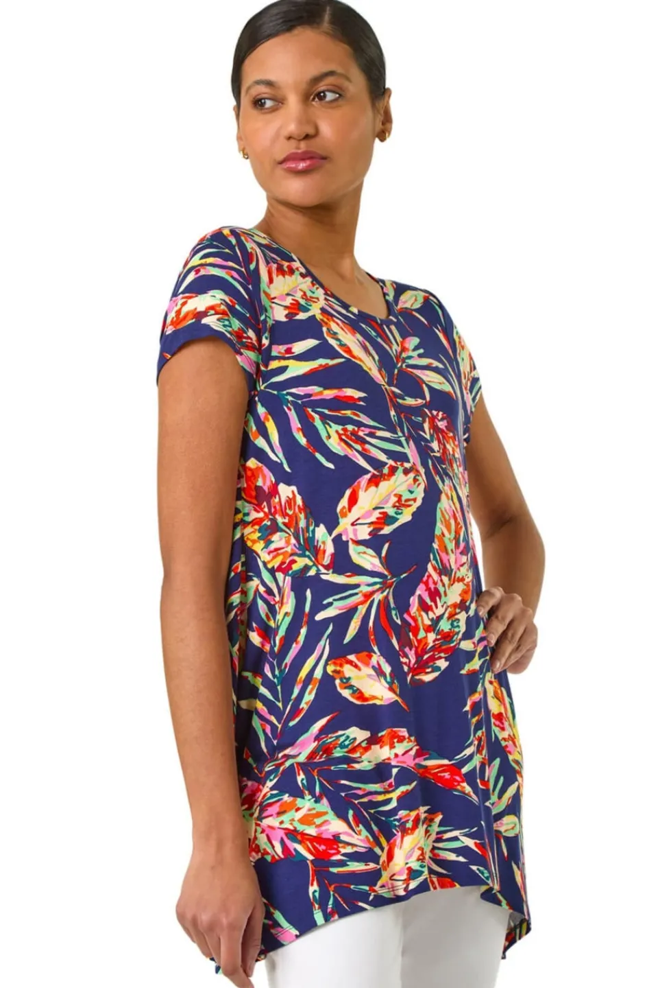 Tops>Roman Navy Leaf Print Hanky Hem Tunic Top