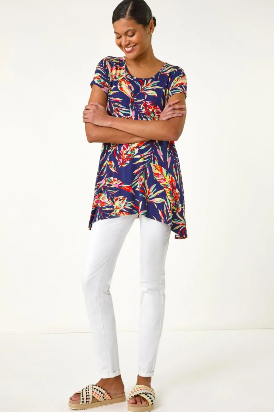 Tops>Roman Navy Leaf Print Hanky Hem Tunic Top
