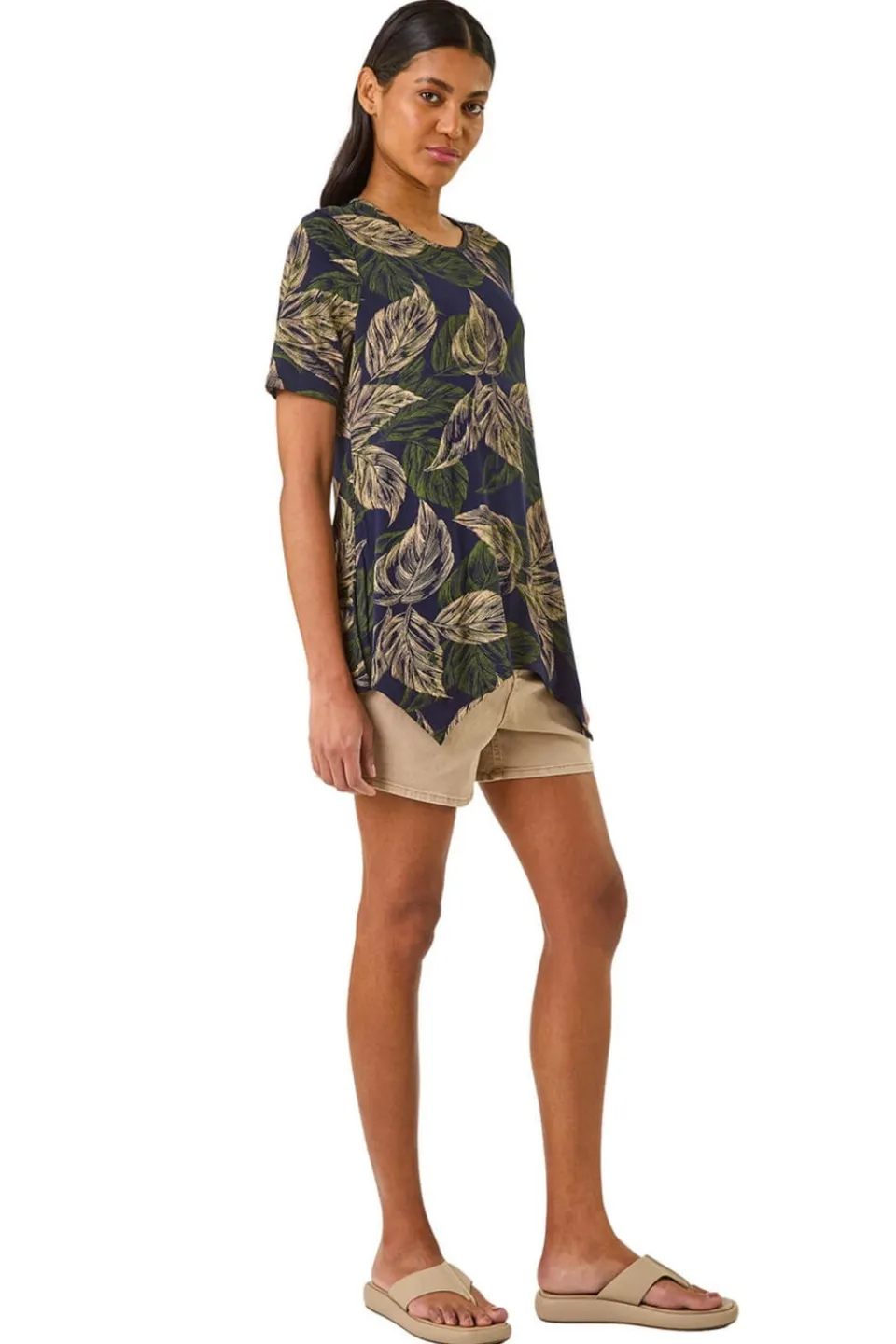 T-Shirts>Roman Navy Leaf Print Hanky Hem Tunic Top