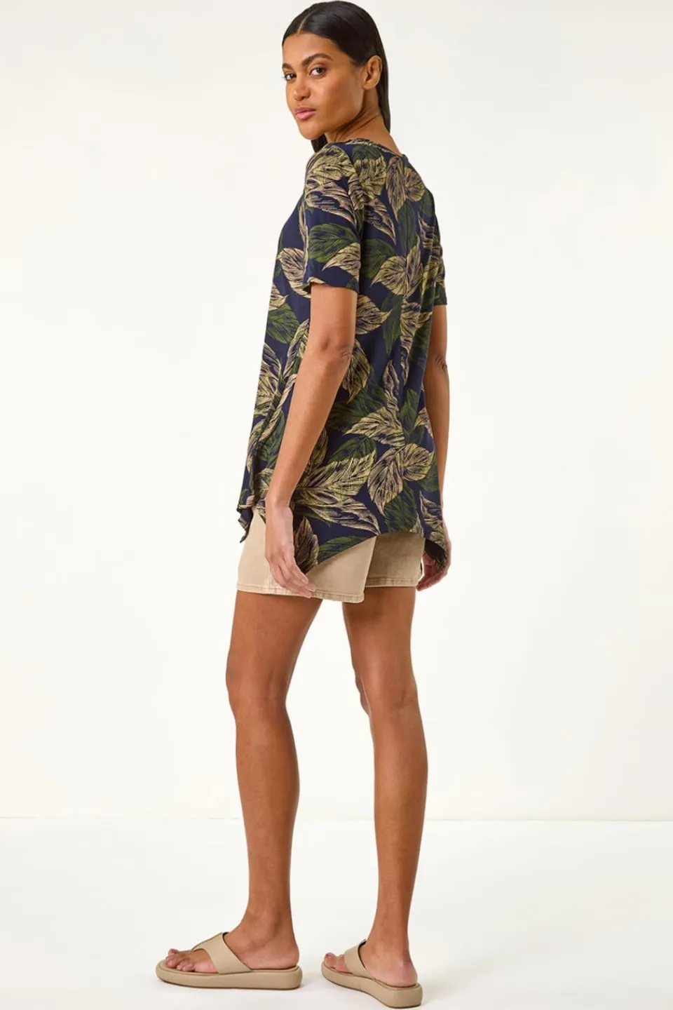T-Shirts>Roman Navy Leaf Print Hanky Hem Tunic Top