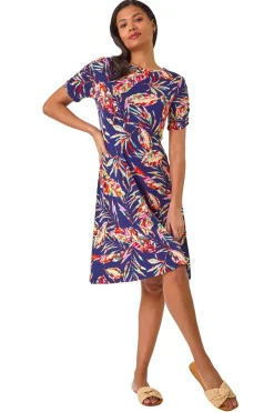 Dresses>Roman Navy Leaf Print Short Dress