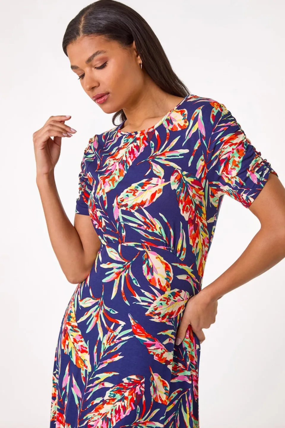 Dresses>Roman Navy Leaf Print Short Dress