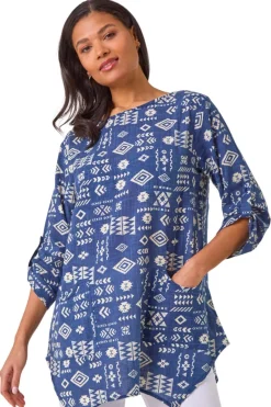 Tops>Roman Navy Longline Print Tunic Top