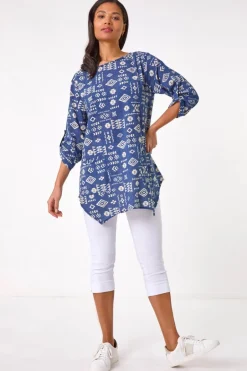 Tops>Roman Navy Longline Print Tunic Top