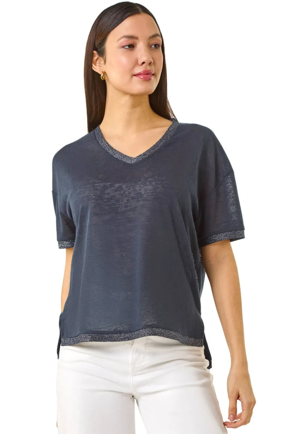 T-Shirts>Roman Navy Metallic Trim V-Neck T-Shirt