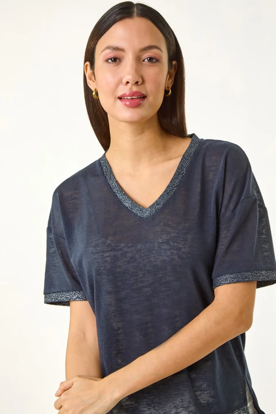 T-Shirts>Roman Navy Metallic Trim V-Neck T-Shirt