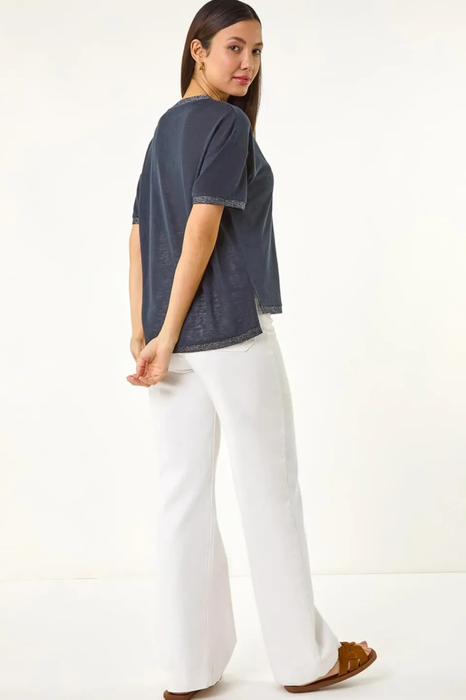 T-Shirts>Roman Navy Metallic Trim V-Neck T-Shirt