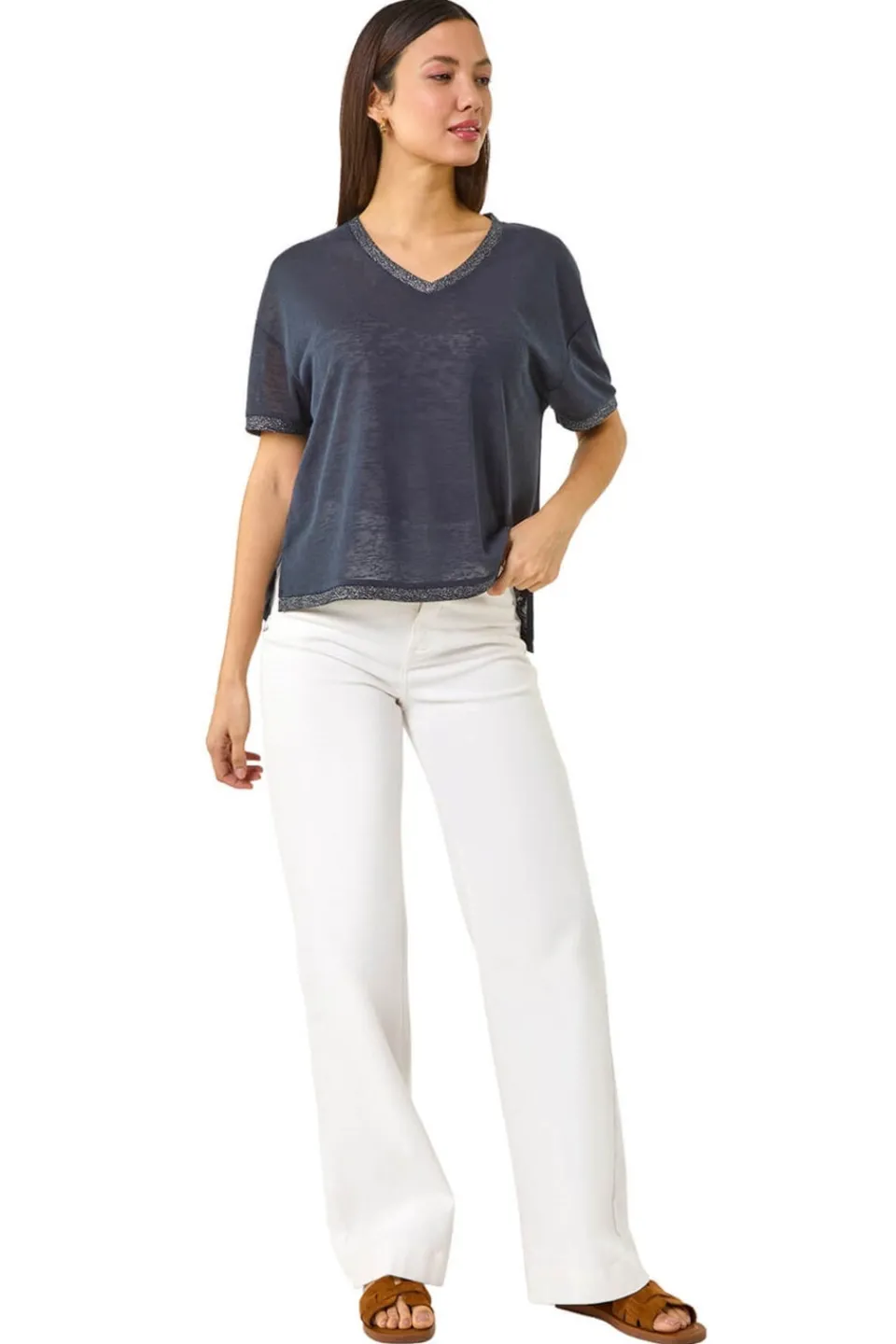 T-Shirts>Roman Navy Metallic Trim V-Neck T-Shirt