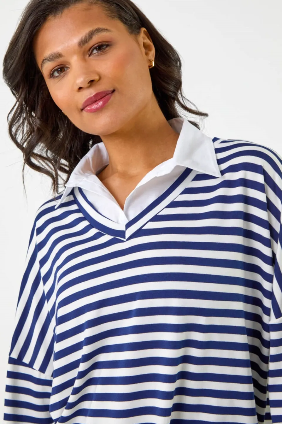 Tops>Roman Navy Mock Shirt Stripe Top