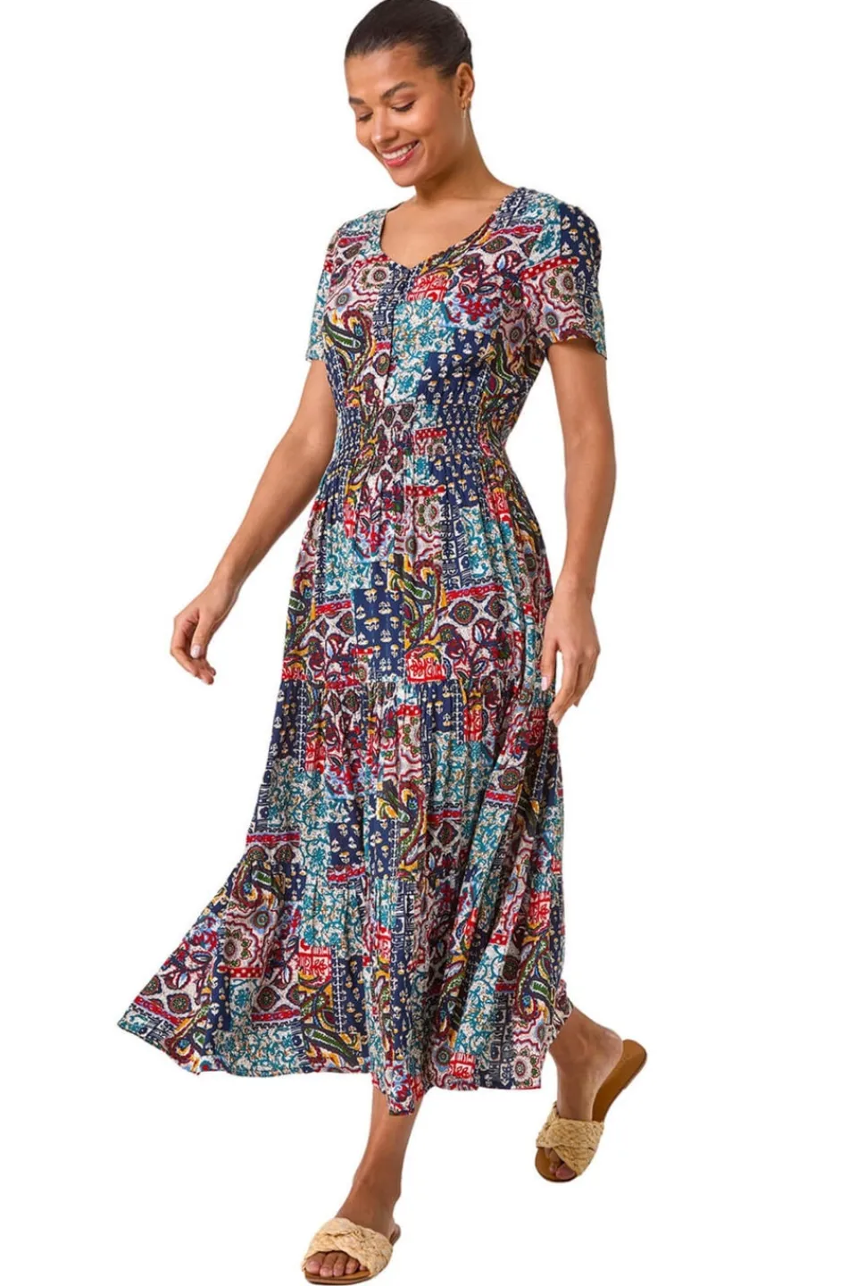 Dresses>Roman Navy Multi Print Maxi Dress