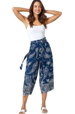Trousers>Roman Paisley Print Wide Leg Cropped Trousers Navy