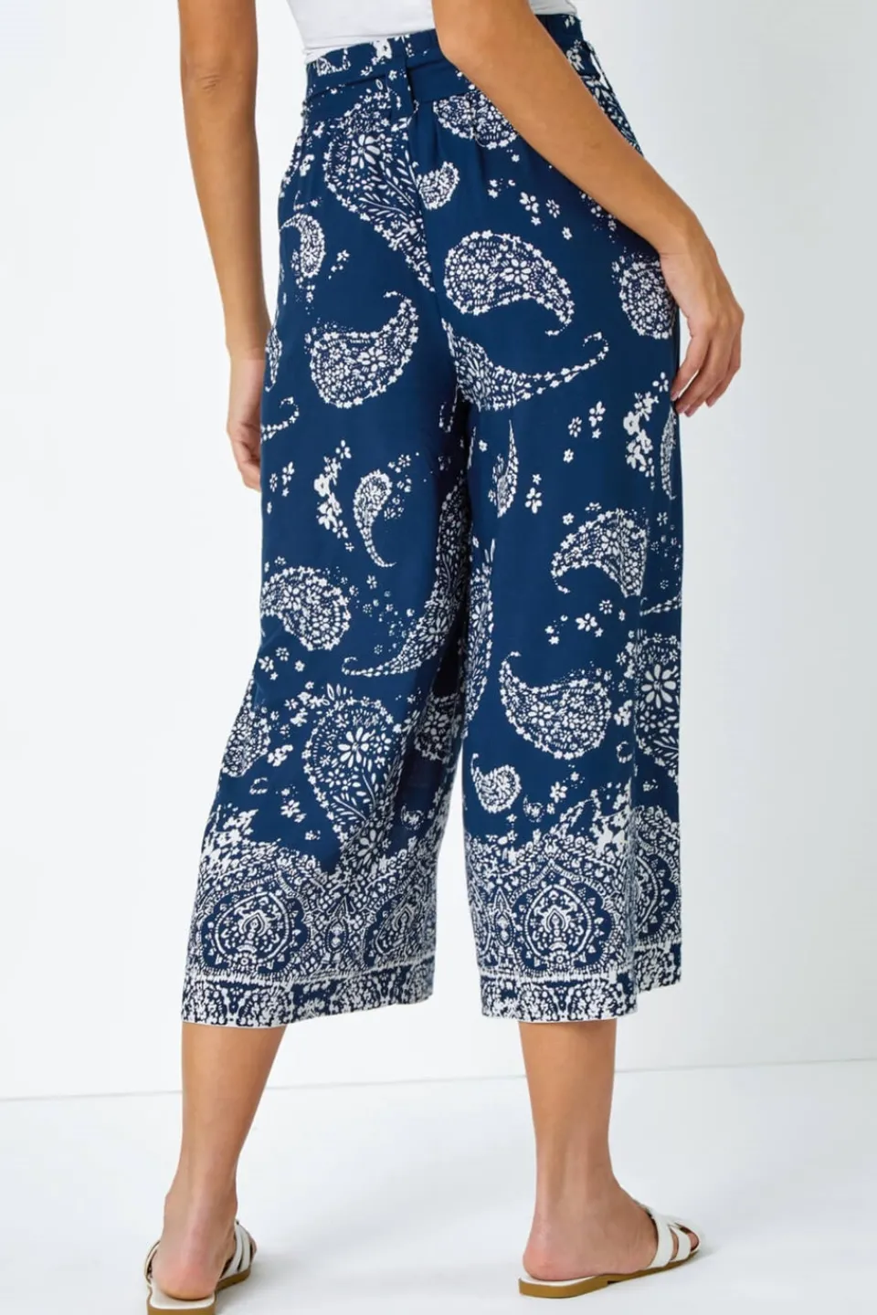 Trousers>Roman Paisley Print Wide Leg Cropped Trousers Navy