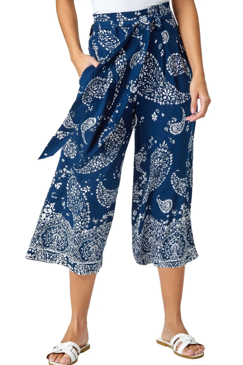 Trousers>Roman Paisley Print Wide Leg Cropped Trousers Navy