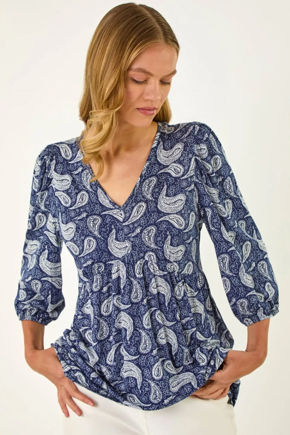T-Shirts>Roman Navy Paisley Print V Neck Stretch Top