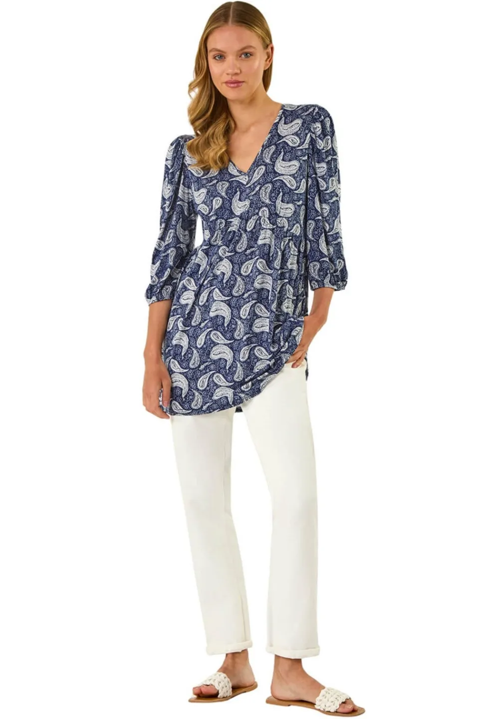 T-Shirts>Roman Navy Paisley Print V Neck Stretch Top