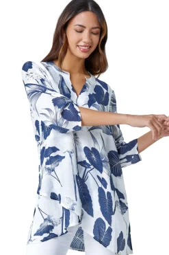 T-Shirts>Roman Palm Print V-Neck Wrap Hem Tunic Top Navy