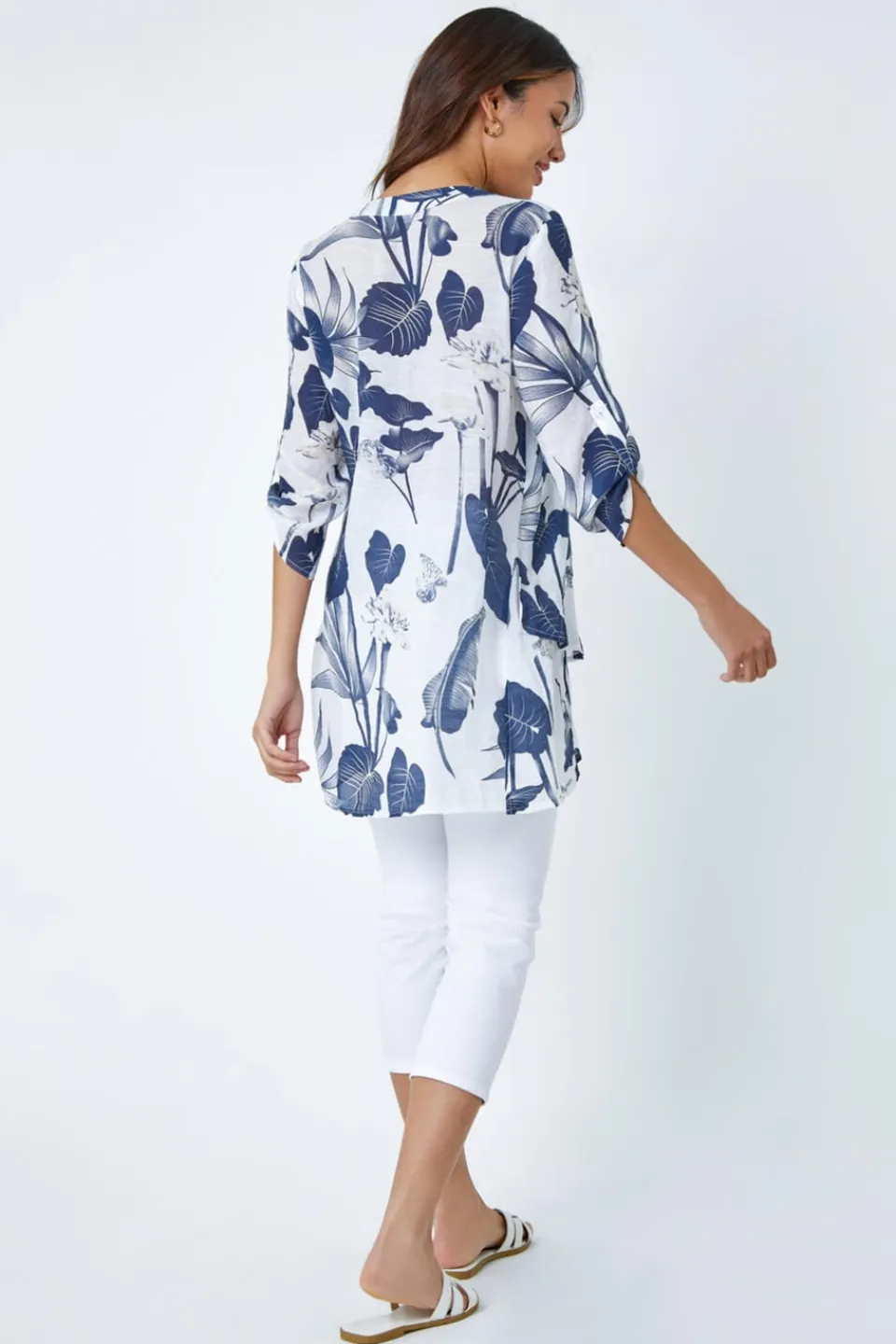 T-Shirts>Roman Palm Print V-Neck Wrap Hem Tunic Top Navy