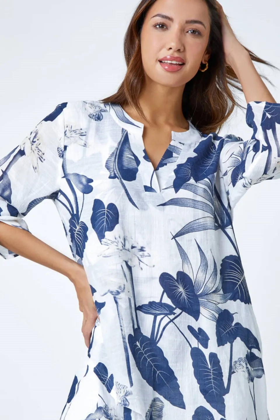 T-Shirts>Roman Palm Print V-Neck Wrap Hem Tunic Top Navy