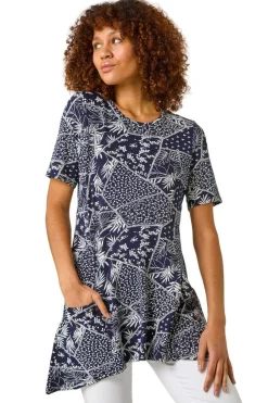 Tops>Roman Navy Patchwork Mono Print Tunic Top