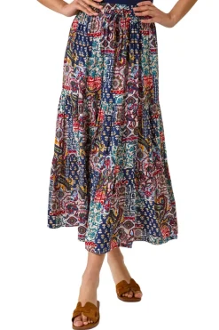 Skirts>Roman Navy Patchwork Tiered Skirt