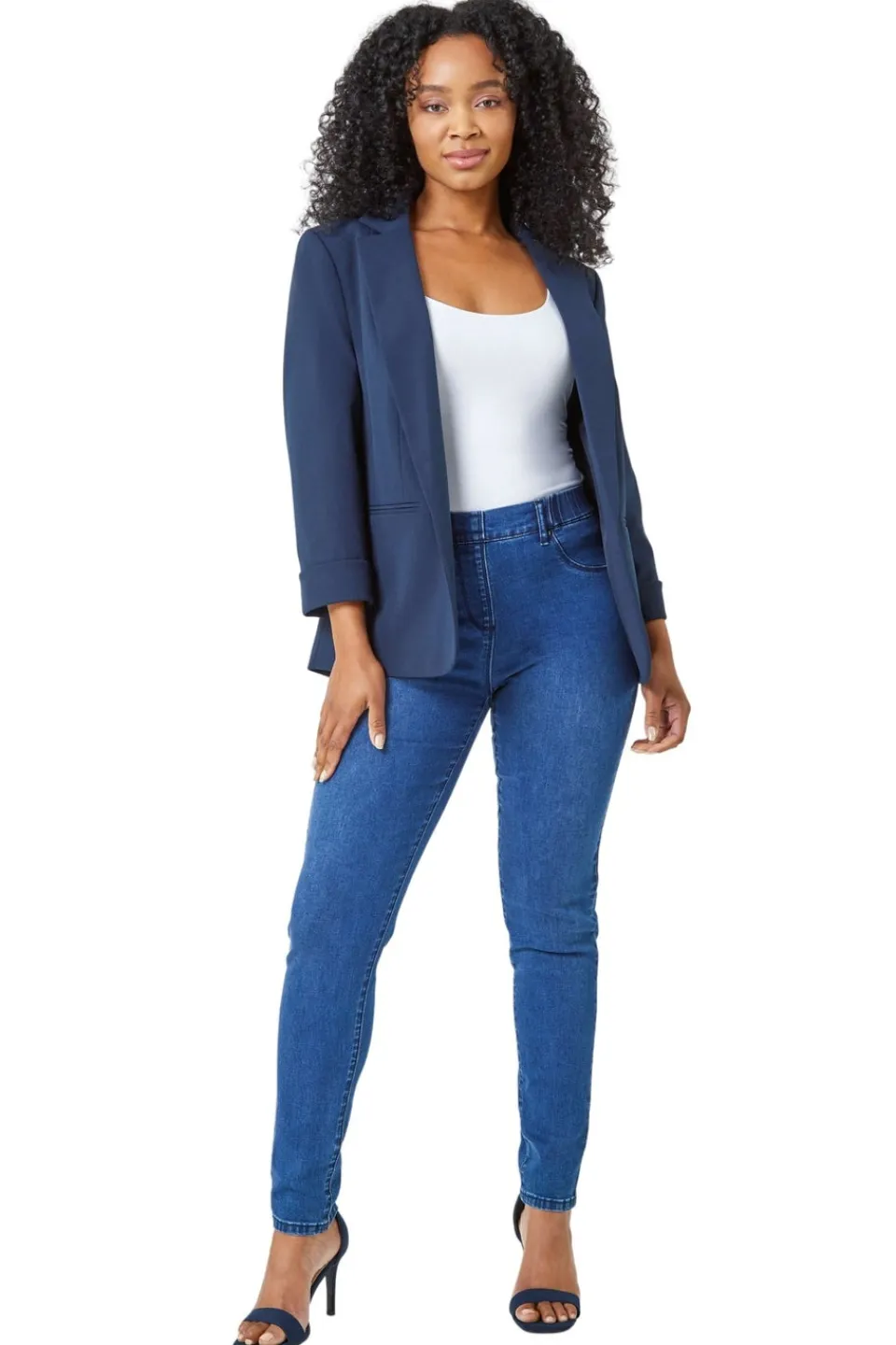 Coats & Jackets>Roman Navy Petite 3/4 Sleeve Classic Stretch Blazer 001FNavy