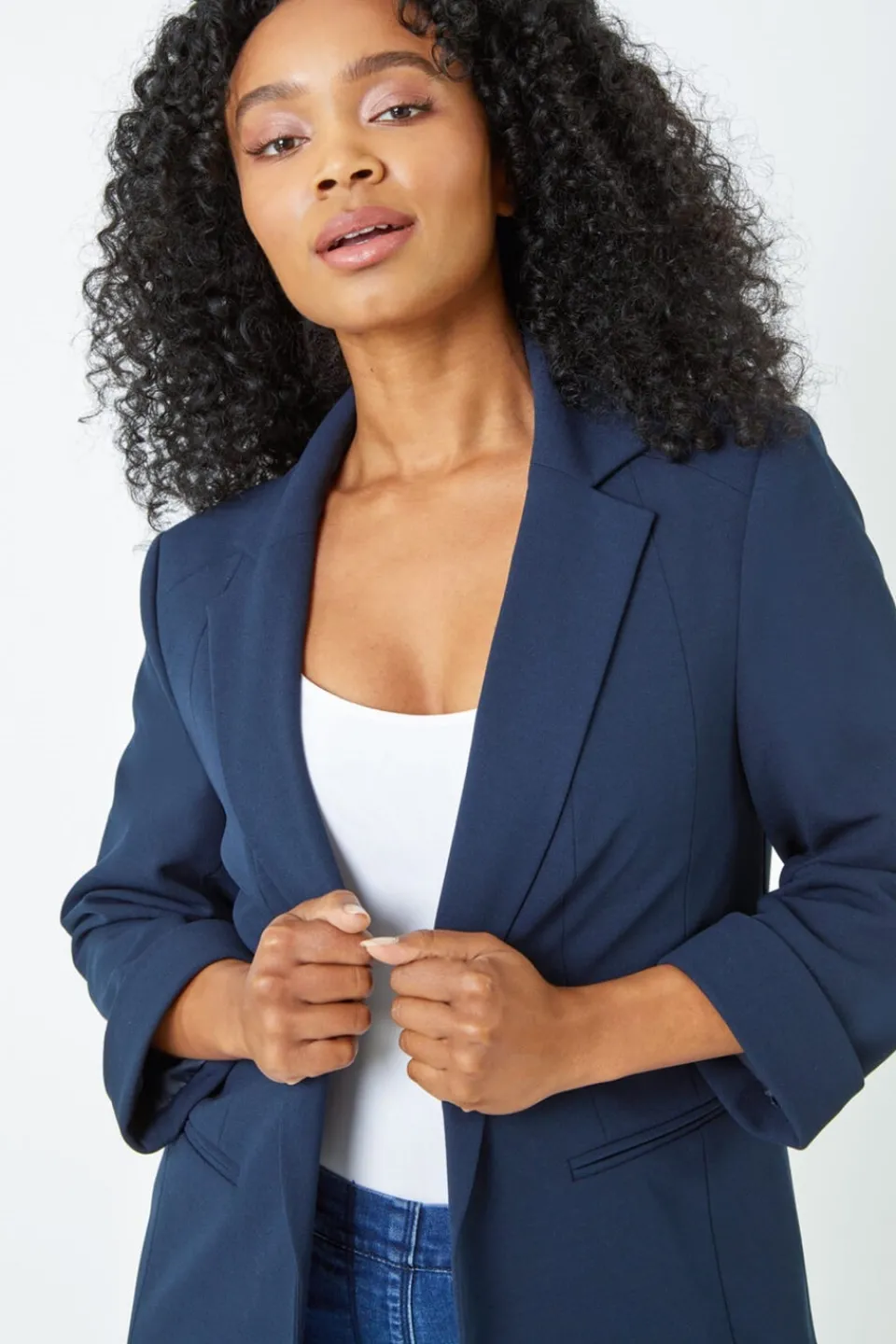 Coats & Jackets>Roman Navy Petite 3/4 Sleeve Classic Stretch Blazer 001FNavy