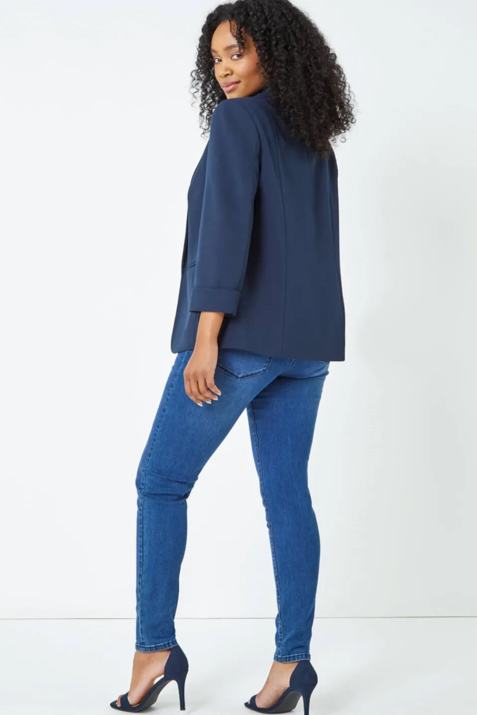 Coats & Jackets>Roman Navy Petite 3/4 Sleeve Classic Stretch Blazer 001FNavy