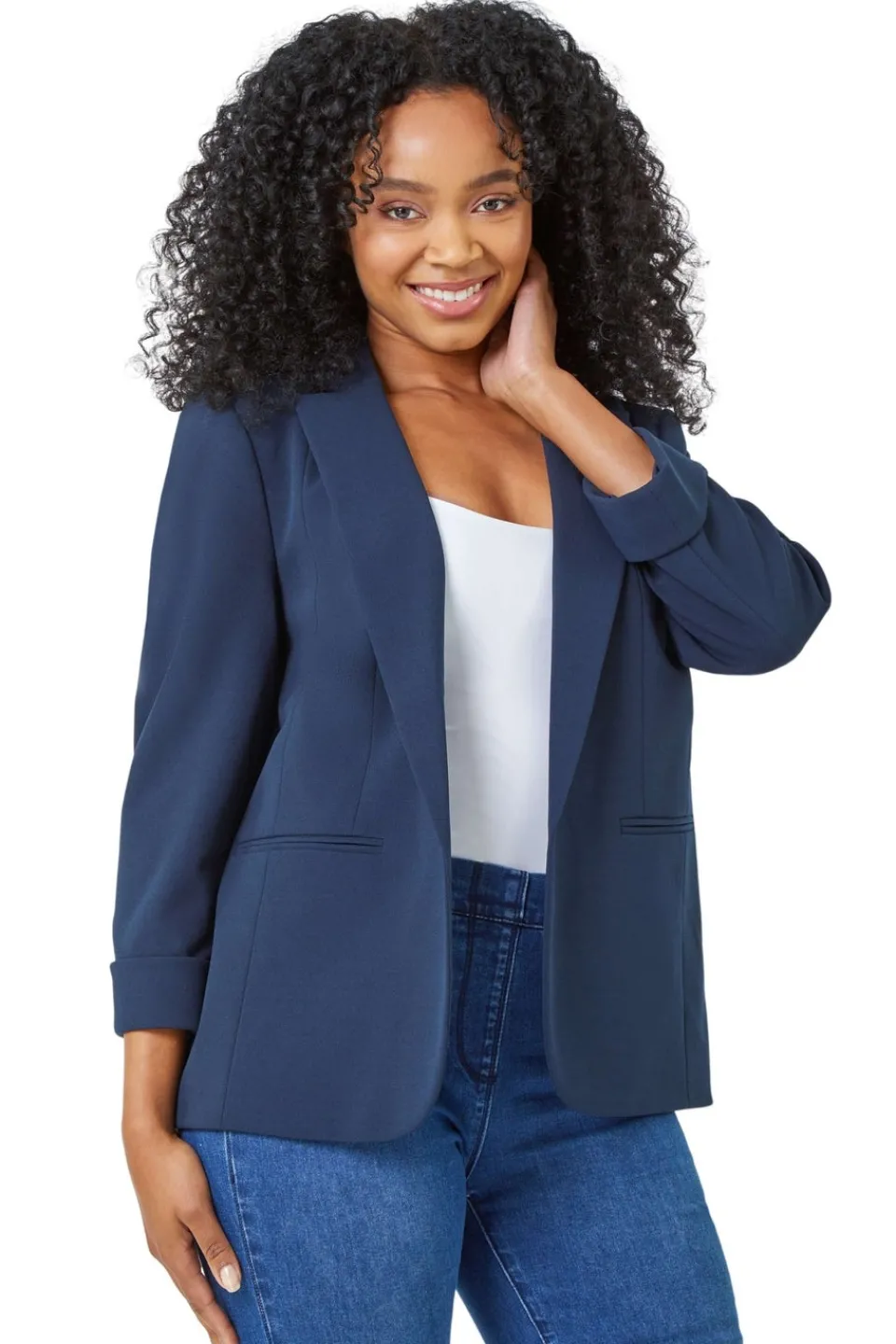 Coats & Jackets>Roman Navy Petite 3/4 Sleeve Classic Stretch Blazer 001FNavy