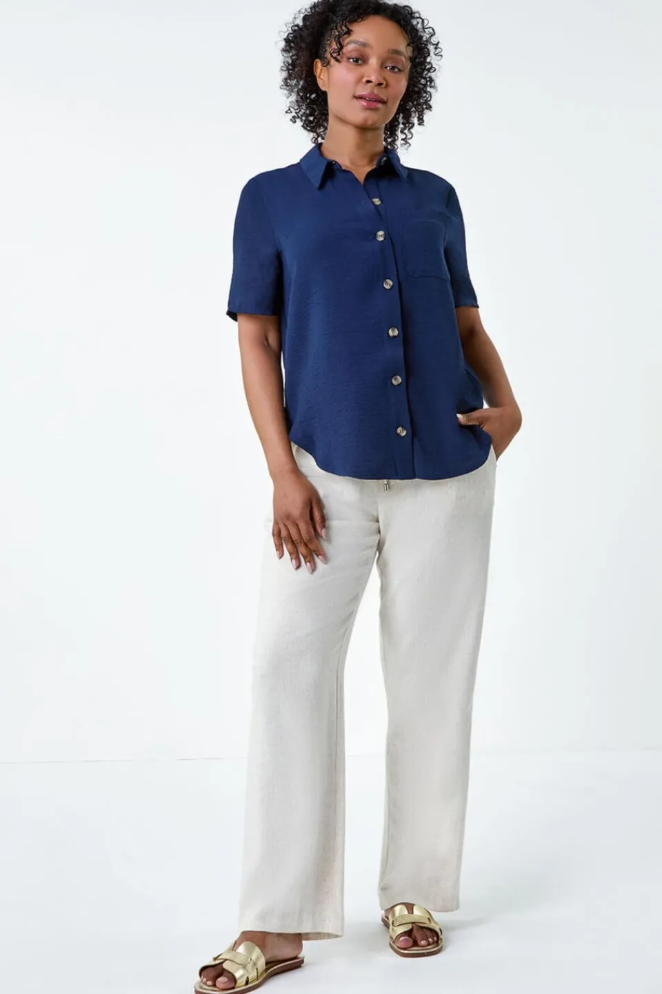 Blouses & Shirts>Roman Navy Petite Button Up Pocket Shirt