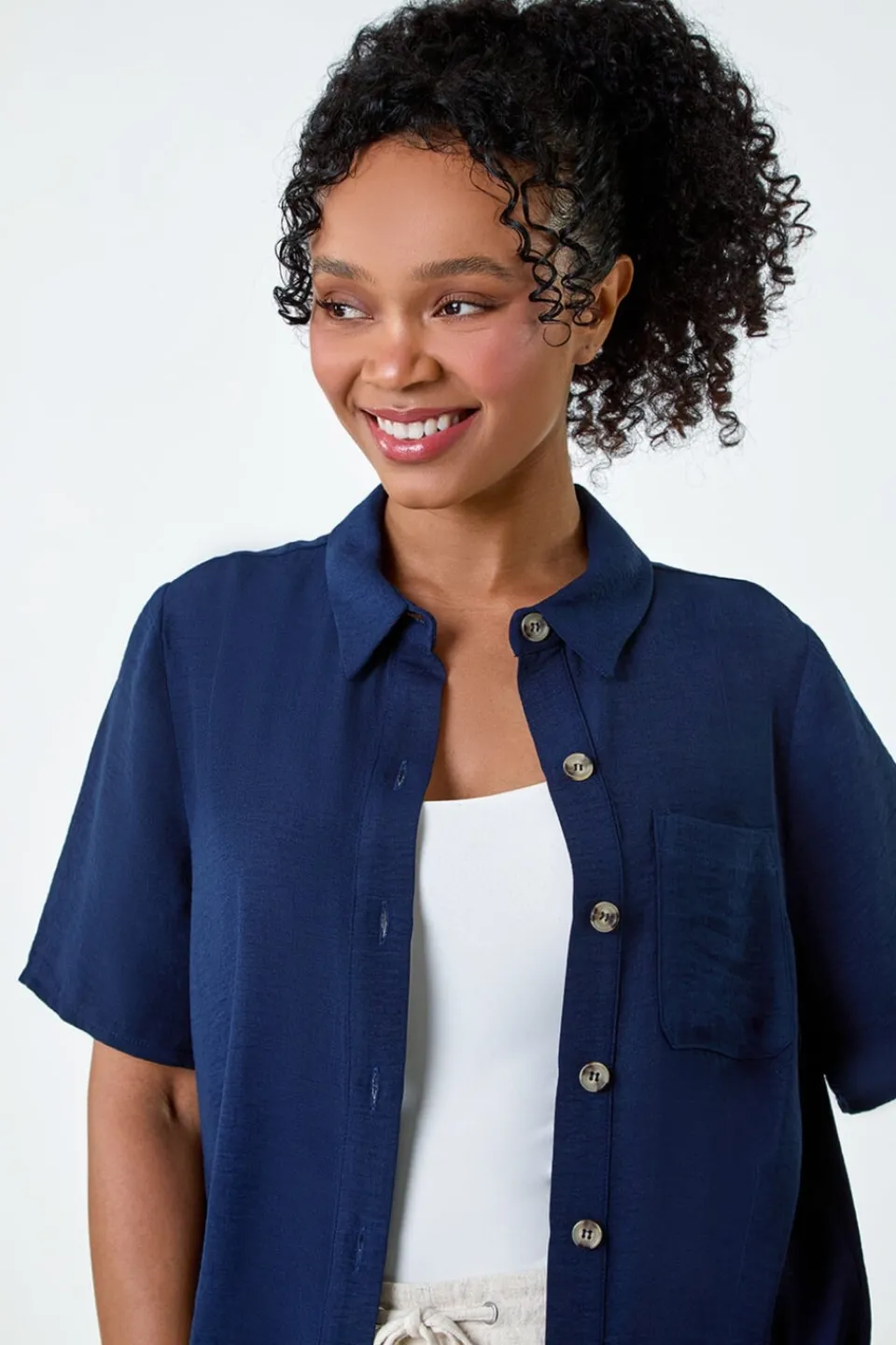 Blouses & Shirts>Roman Navy Petite Button Up Pocket Shirt