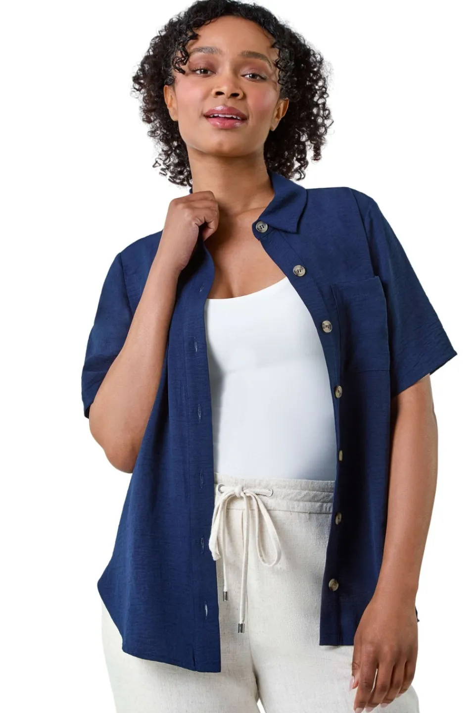 Blouses & Shirts>Roman Navy Petite Button Up Pocket Shirt