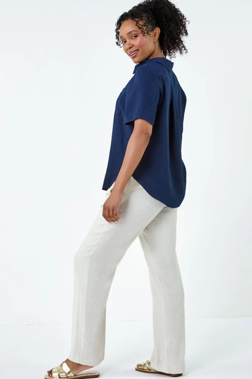 Blouses & Shirts>Roman Navy Petite Button Up Pocket Shirt
