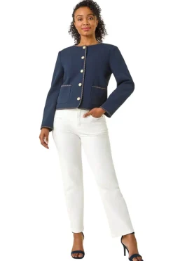 Coats & Jackets>Roman Navy Petite Button & Pocket Jacket
