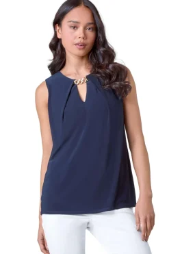 Tops>Roman Navy Petite Chain Trim Stretch Top