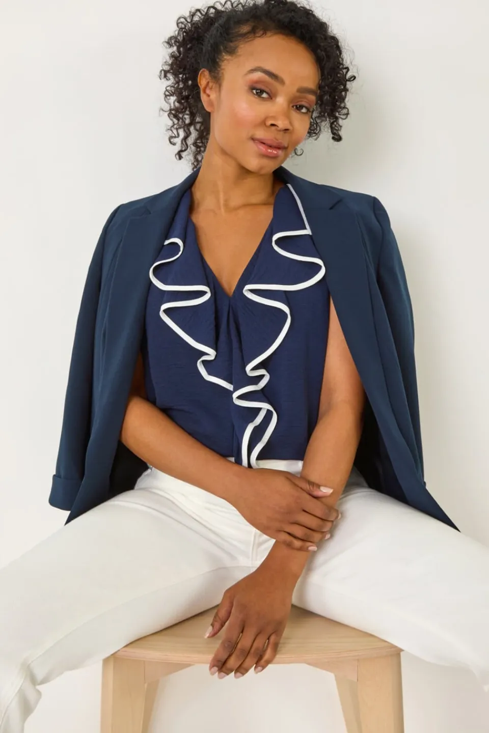 T-Shirts>Roman Navy Petite Contrast V-Neck Frill Front Top
