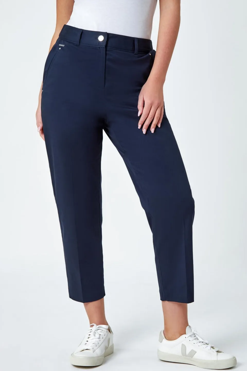 Trousers>Roman Petite Cotton Ankle Grazer Tapered Trousers Navy