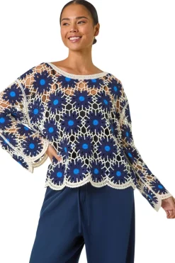 Tops>Roman Navy Petite Crochet Floral Knit Top