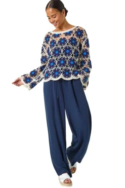Tops>Roman Navy Petite Crochet Floral Knit Top