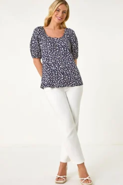 Tops>Roman Navy Petite Ditsy Print Button Front Top