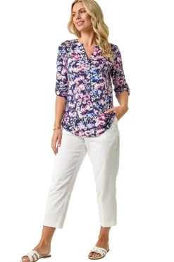Tops>Roman Navy Petite Floral Print Button Stretch Shirt