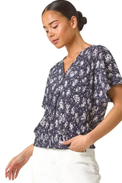 Tops>Roman Navy Petite Floral Print Crinkle Blouson Top