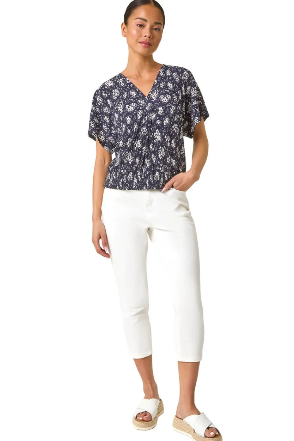 Tops>Roman Navy Petite Floral Print Crinkle Blouson Top