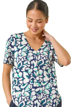 Tops>Roman Navy Petite Floral V-Neck Stretch Blouse