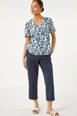 Tops>Roman Navy Petite Floral V-Neck Stretch Blouse