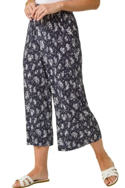 Trousers>Roman Navy Petite Floral Crinkle Cropped Trouser