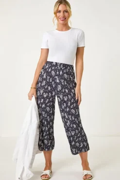 Trousers>Roman Navy Petite Floral Crinkle Cropped Trouser