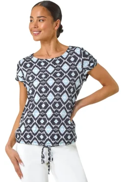 T-Shirts>Roman Navy Petite Geo Print Drawstring Stretch Top