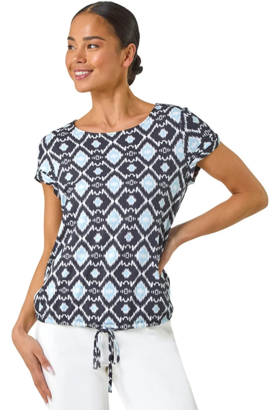 T-Shirts>Roman Navy Petite Geo Print Drawstring Stretch Top