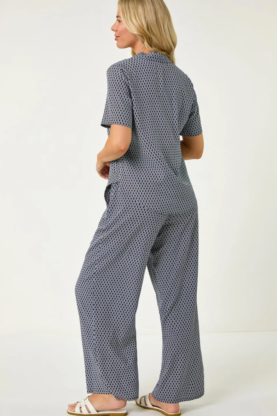 Blouses & Shirts>Roman Navy Petite Geometric Buttoned Blouse